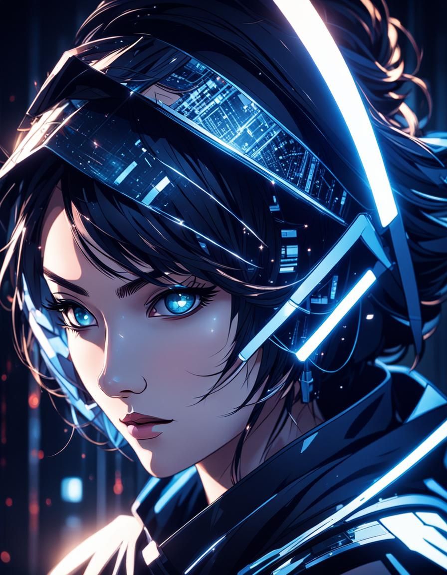 Hacker Portrait with Glowing Reflections in Manga Style