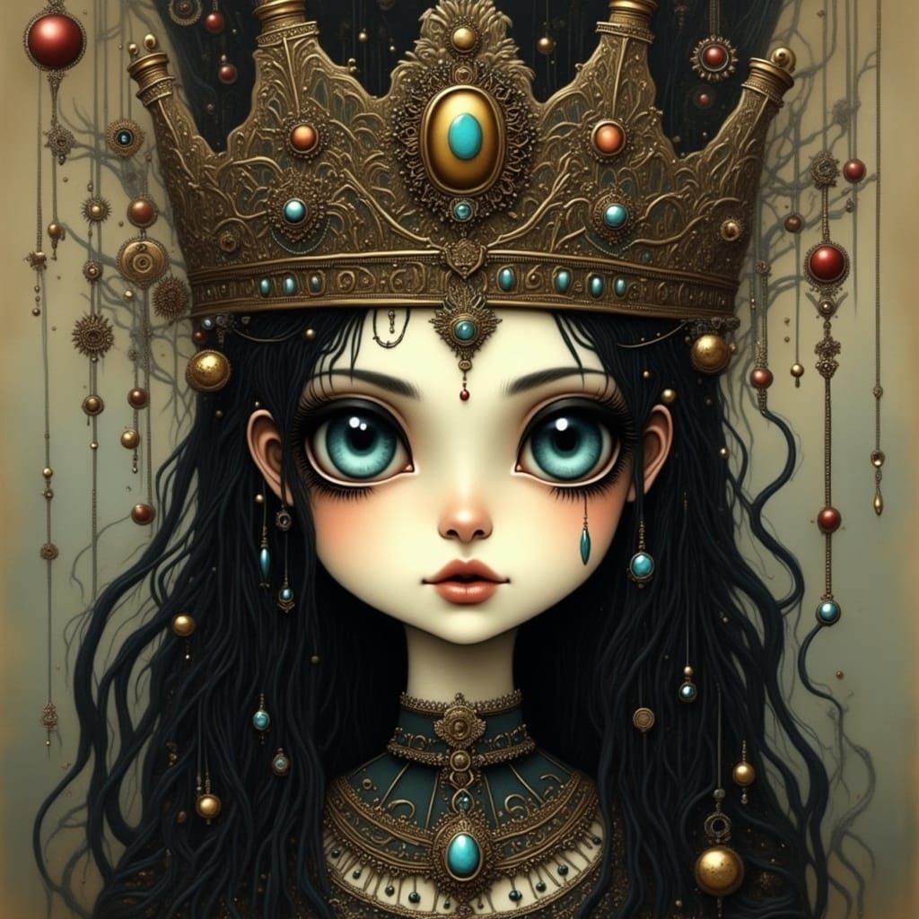 Quirky Queen with Jeweled Crown in Surreal Style