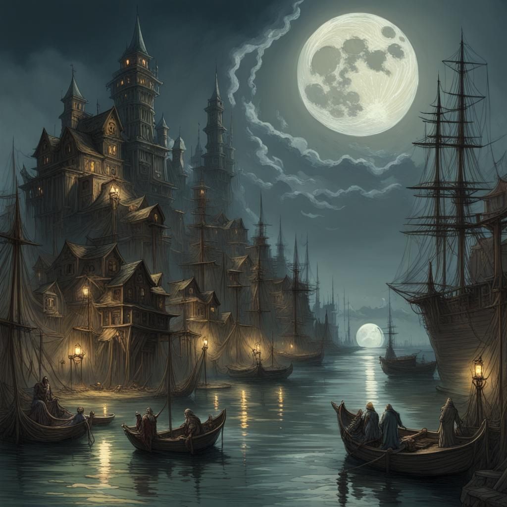 Moon Elf Port City Harbor in Dark Fantasy Style