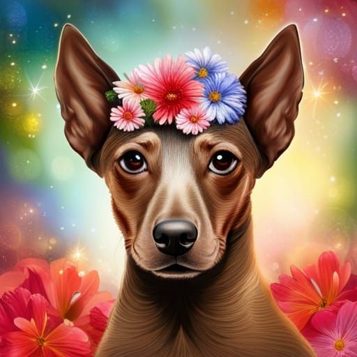 Pinscher Dog with Floral Wreath, Glittery Background