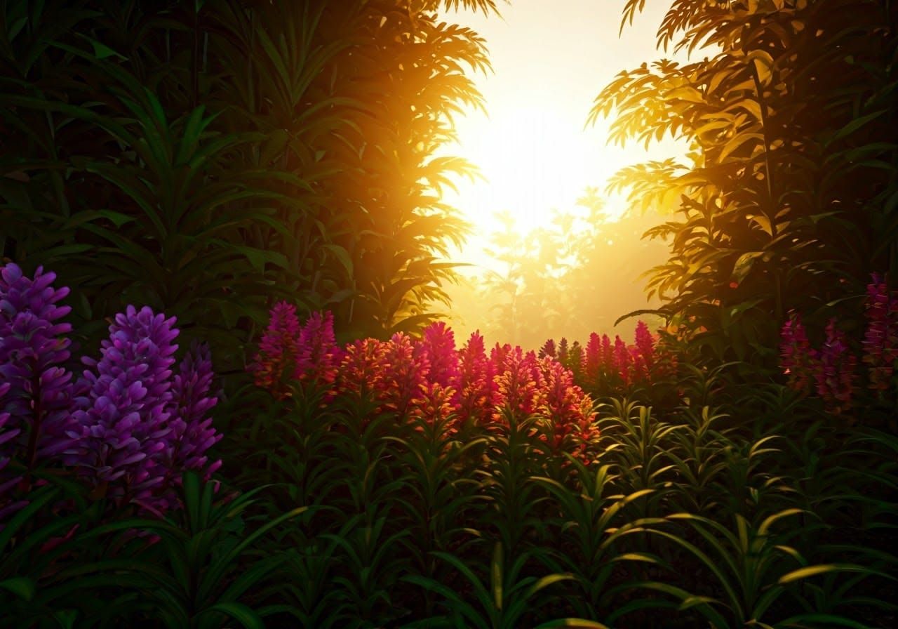 Kaleidoscopic Landscape of Vibrant Foliage and Neon Smoke