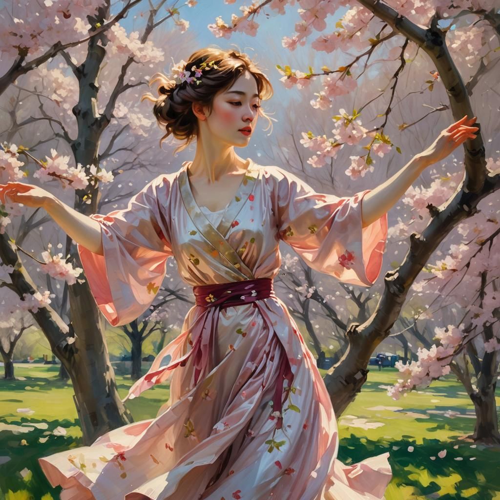 Fairy Girl Dancing Under Cherry Blossoms as Impressionist Oi...