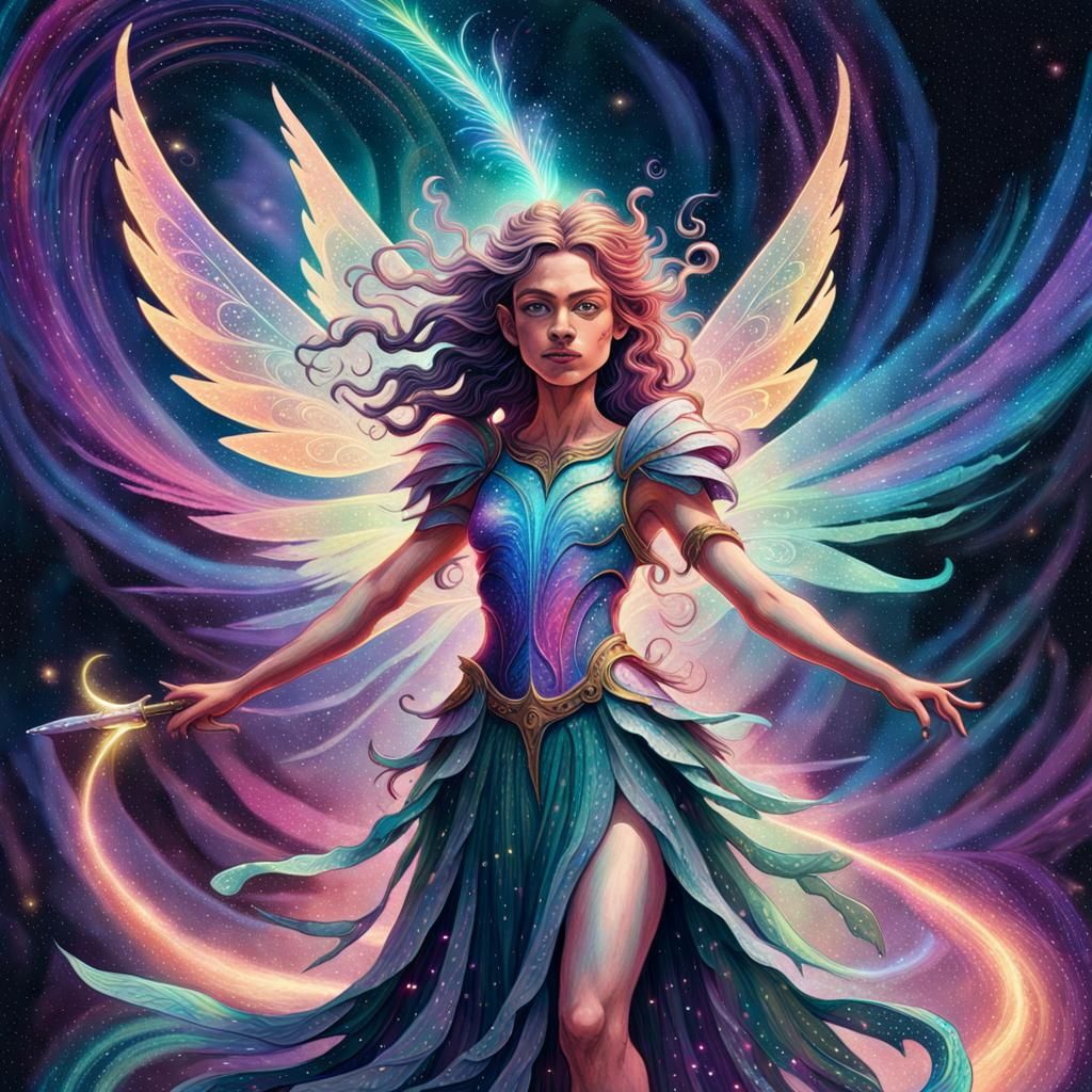 Cosmic Fairy with Sword in Surreal Illustration