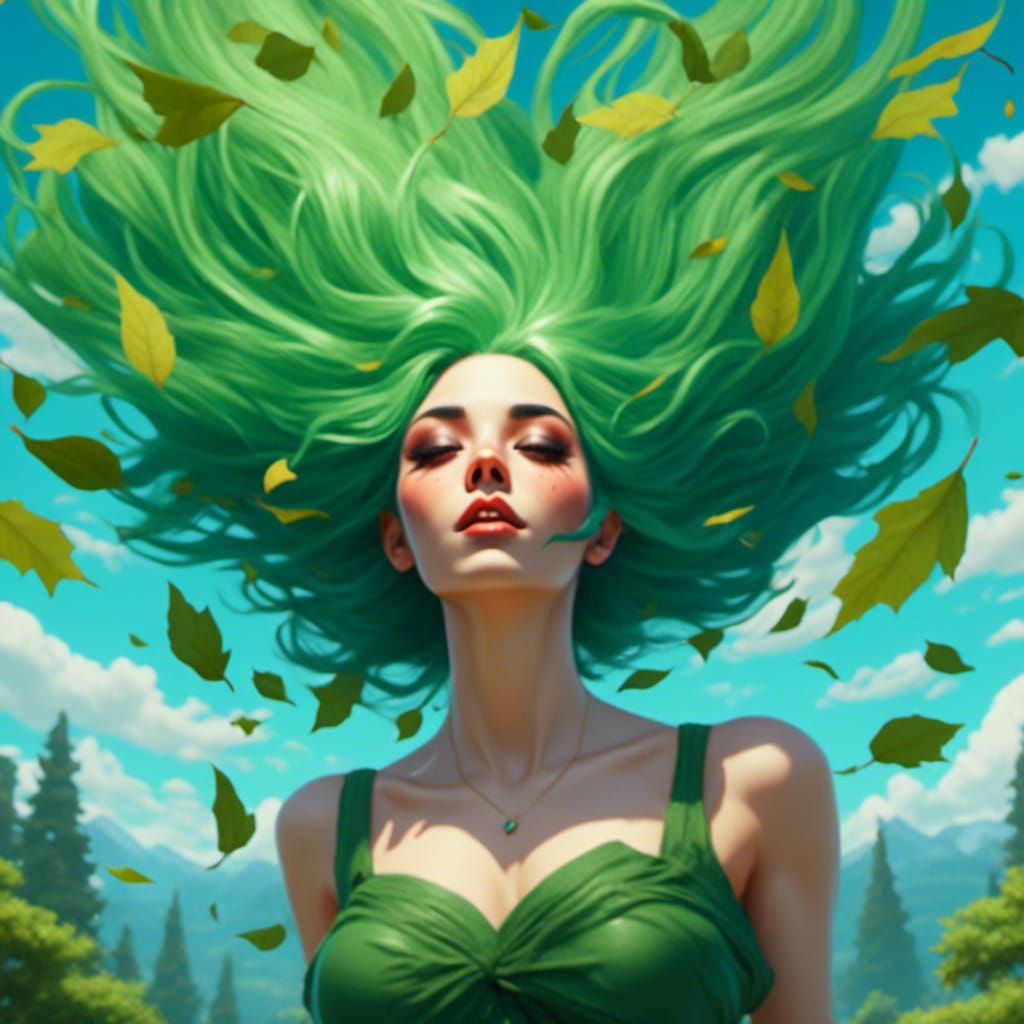 Levitating Woman with Green Hair Like Tree Leaves