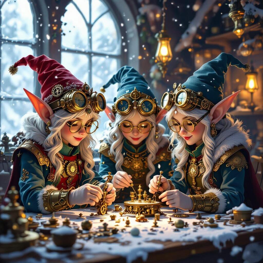 Steampunk Elves Crafting Clockwork Toys in Santa's Workshop