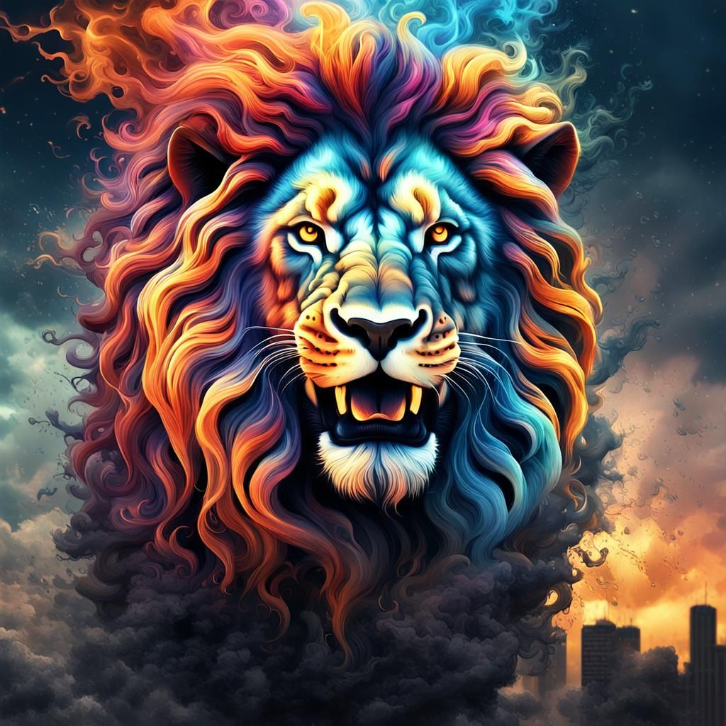 Enraged Lion in Swirling Graffiti Style