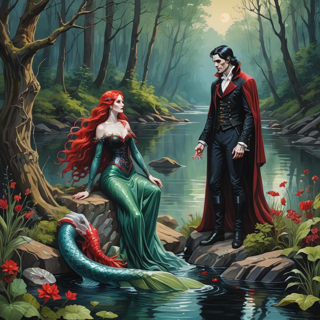 vampire man and mermaid woman at river edge