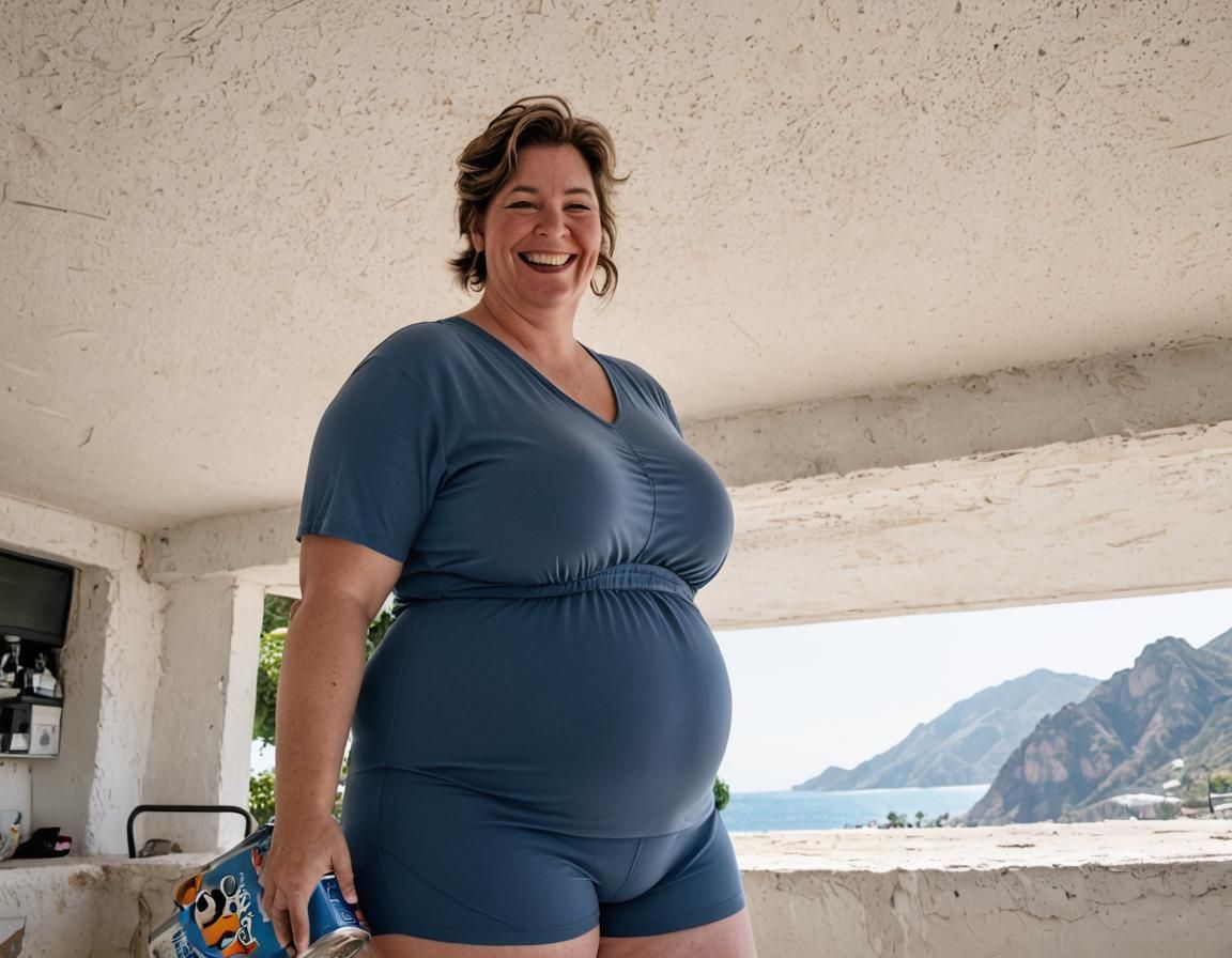 Voluptuous Woman with Beverage Can in Elaborate Setting