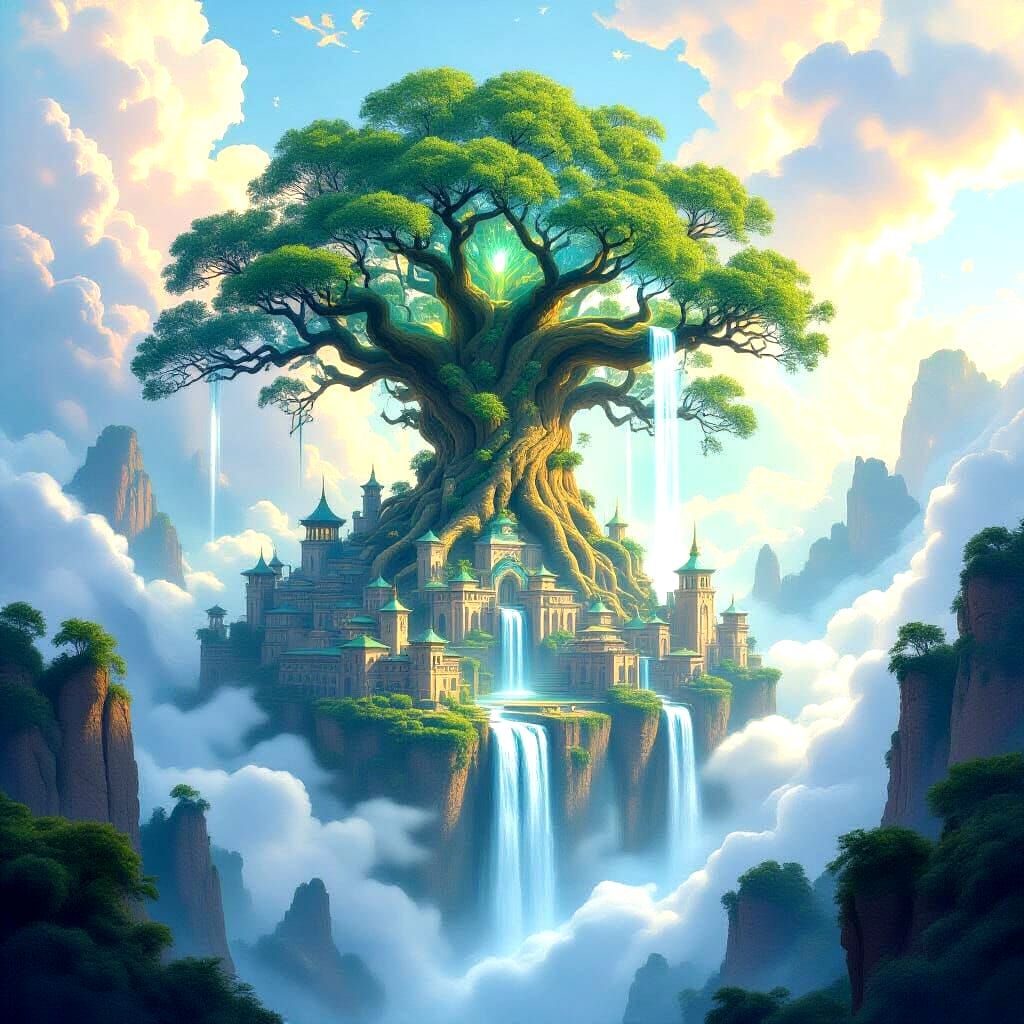 Lost City on World Tree Branches in Ethereal Fantasy Style
