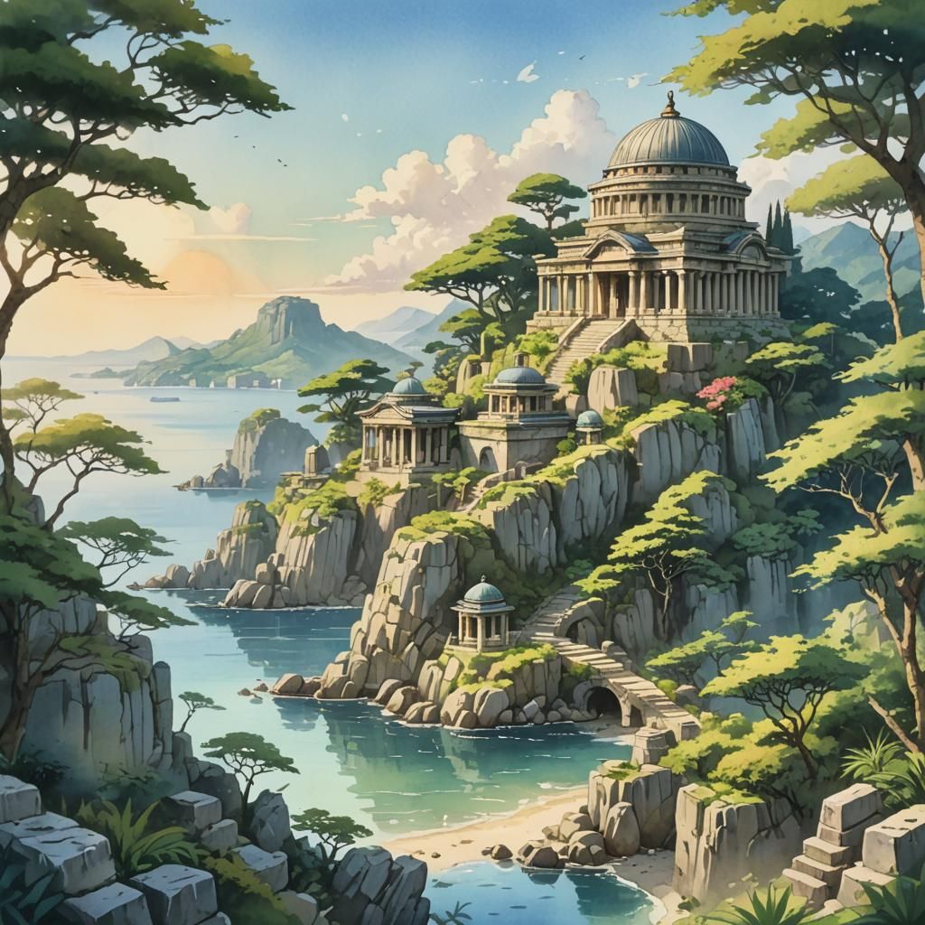 Tranquil Grecian Isle Temple in Japanese Watercolor
