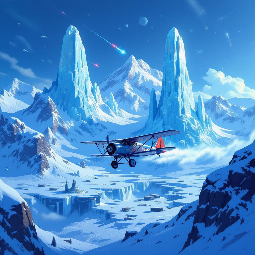 Biplane Soars Over Icy Alien Metropolis