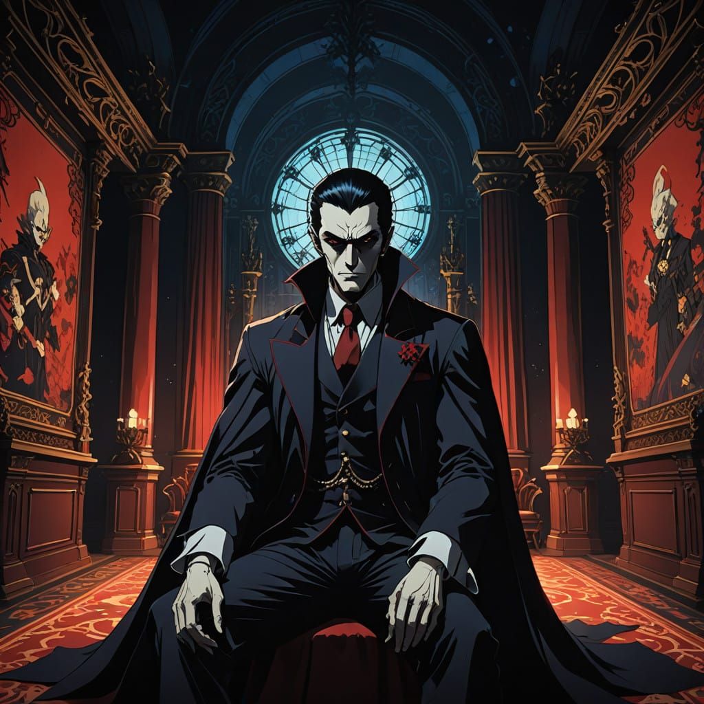 Ethereal Dracula Ascends in a Haunting Anime Cinema Scene