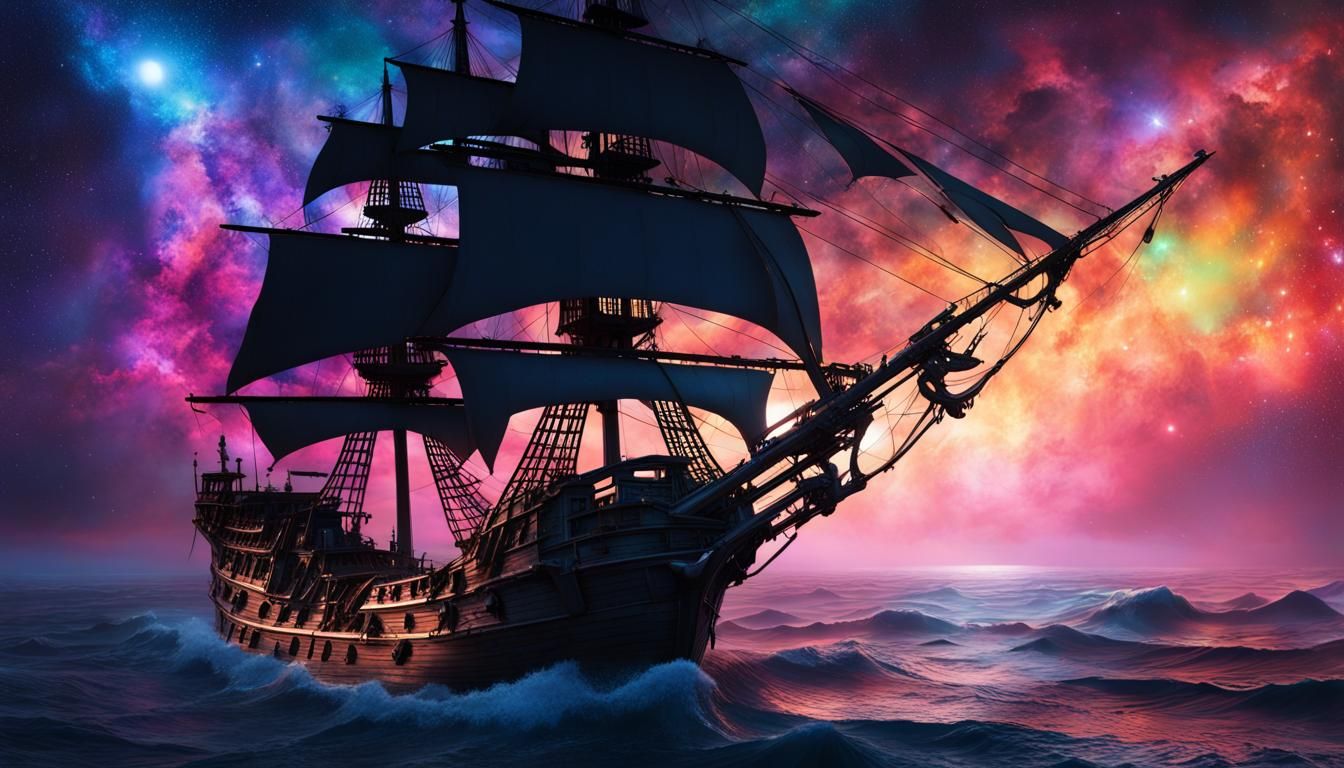 Pirate Ship Sails Bioluminescent Sea with Galaxy Sky