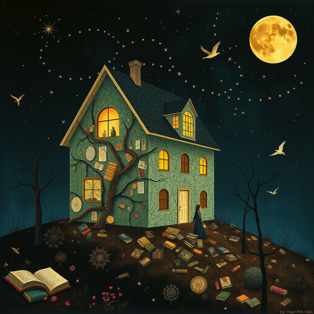 Surreal Star Chart House with Figures in Noctilucent Atmosph...