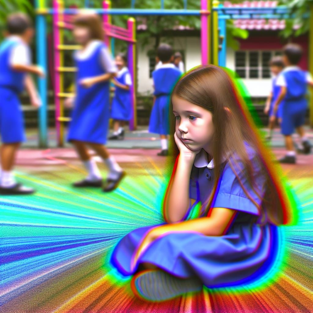 Sad Girl on Playground in Early 20th-Century 3D Style