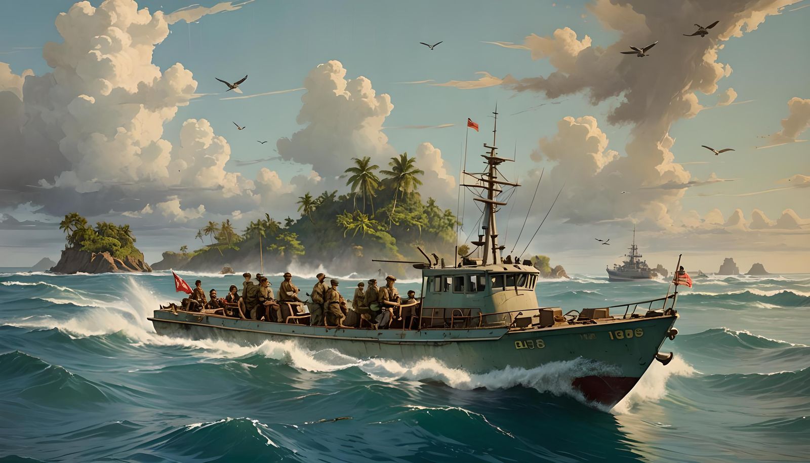 WWII Patrol Boat near Pacific Island, Vintage Style