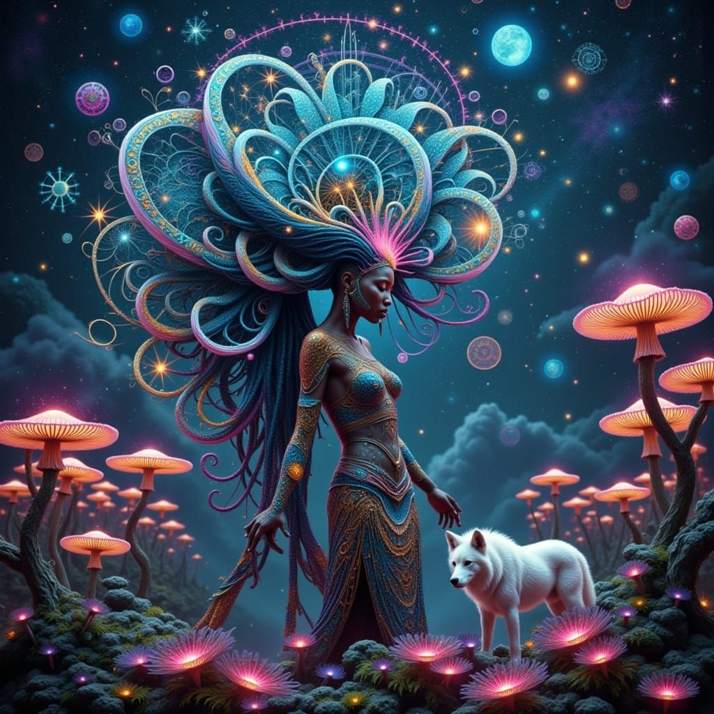 Cosmic Shaman in Bioluminescent Forest
