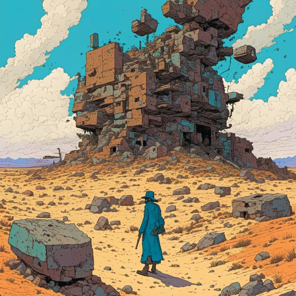 Minimalist Desert Dolmens in Moebius Style