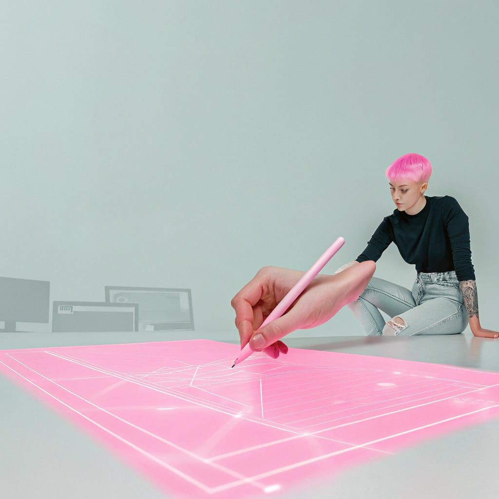 Artist Focused on Holographic Interface in Futuristic Studio