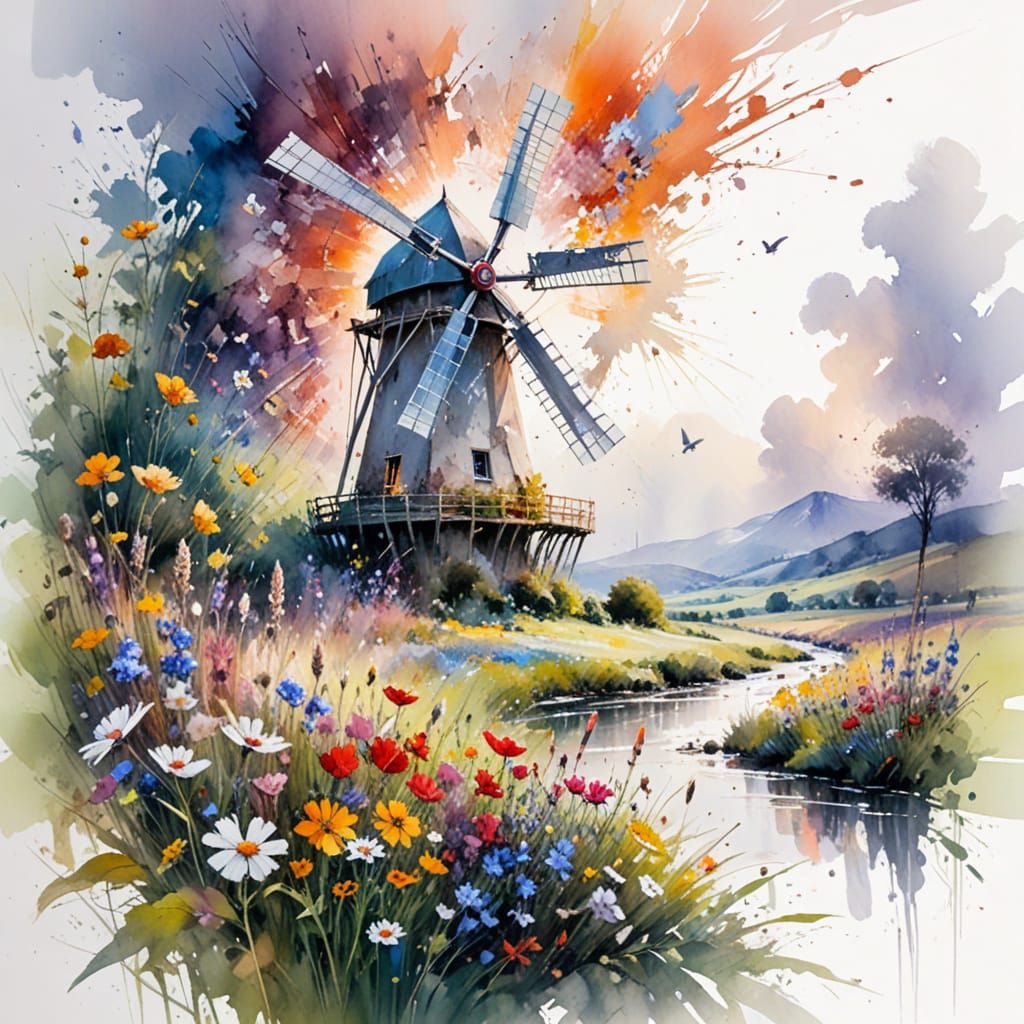 Windmill Landscape in Expressive Watercolour Style