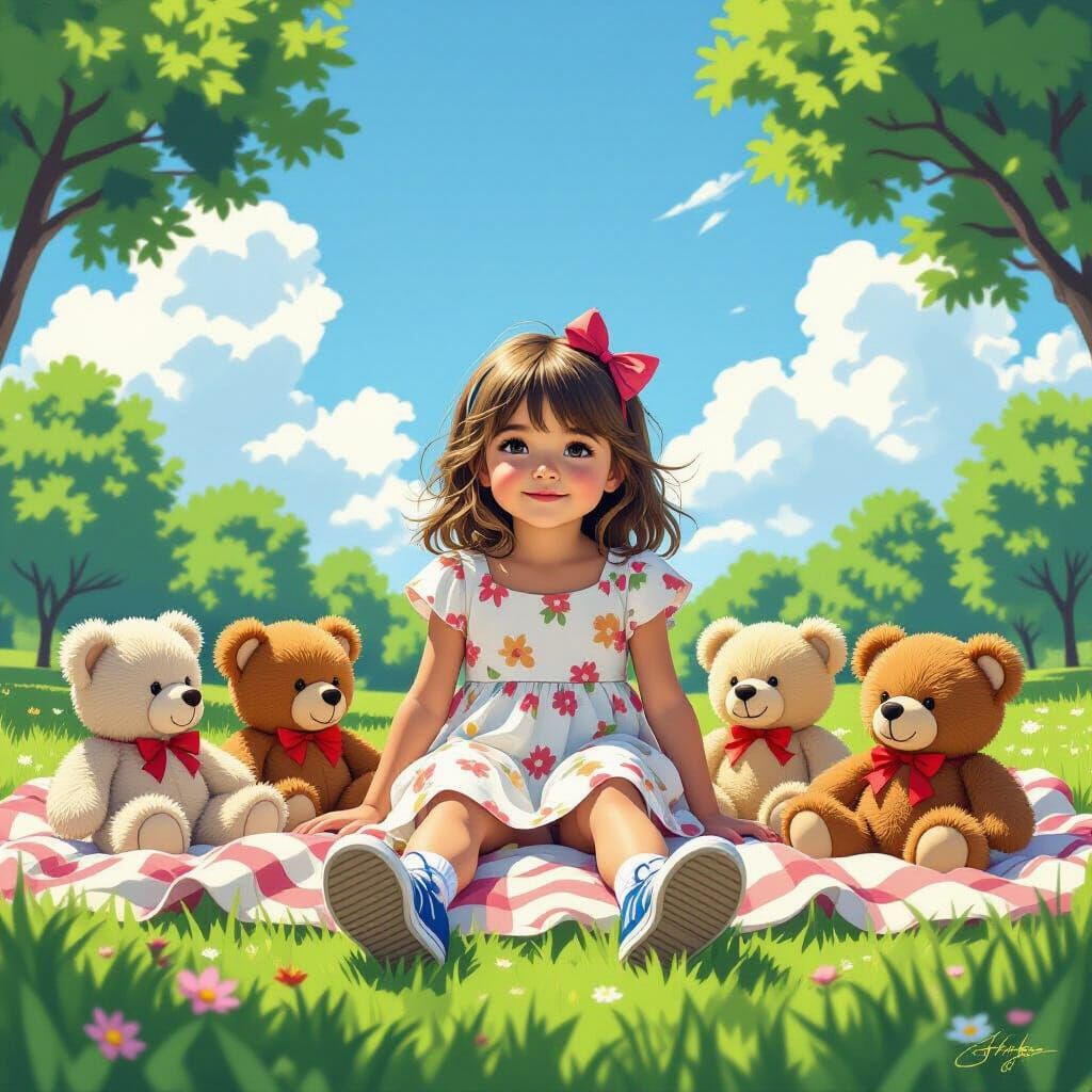 Girl's Picnic with Teddy Bears in Comic Book Style
