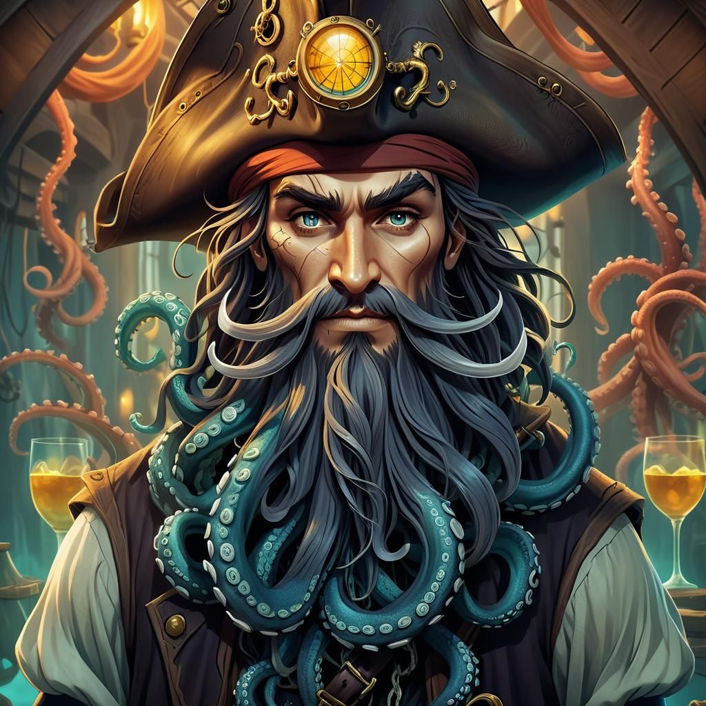 Fantasy Wizard Pirate with Tentacle Beard Illustration
