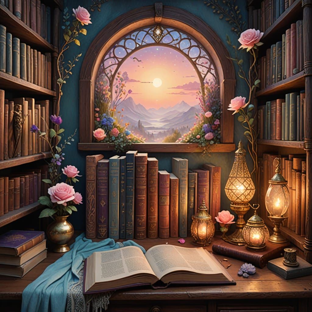 Whimsical Mystical Bookshelf with Golden Accents and Pastel ...