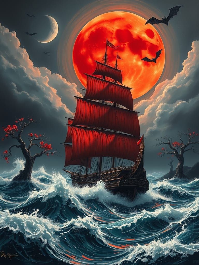 Chinese Tall Ship Under Red Moon as Impasto Painting