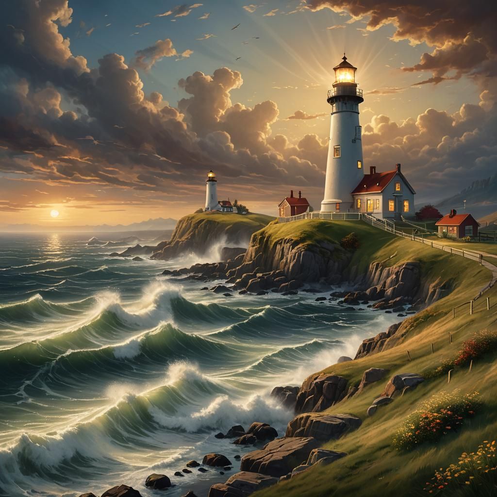 Majestic Lighthouse on Hill in Romantic Style