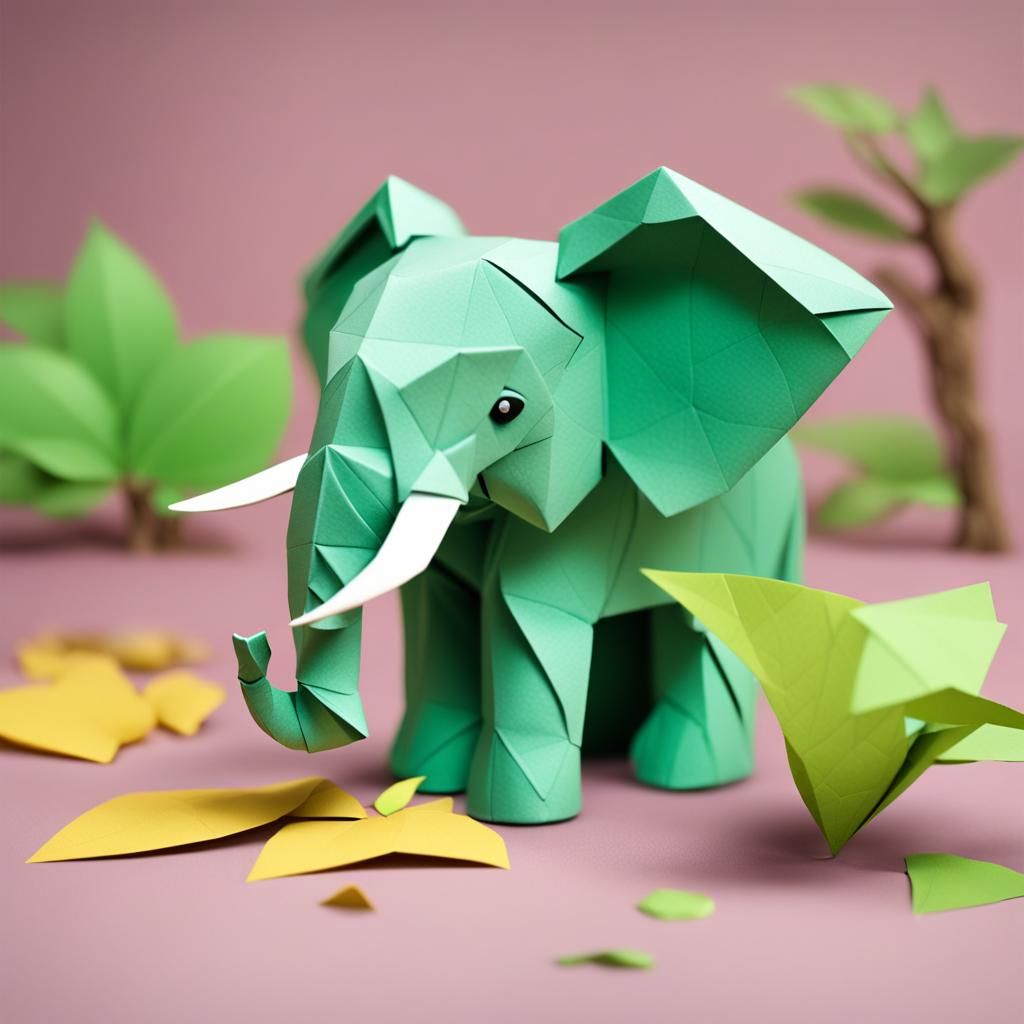 Origami Elephant Eating Leaf in Forest