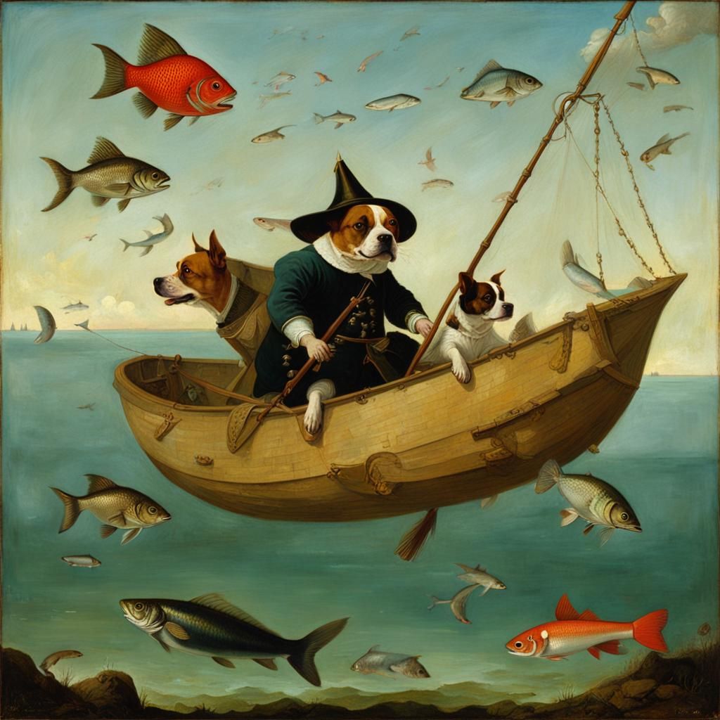 Dog Rides Flying Fish in Surreal Oil Painting