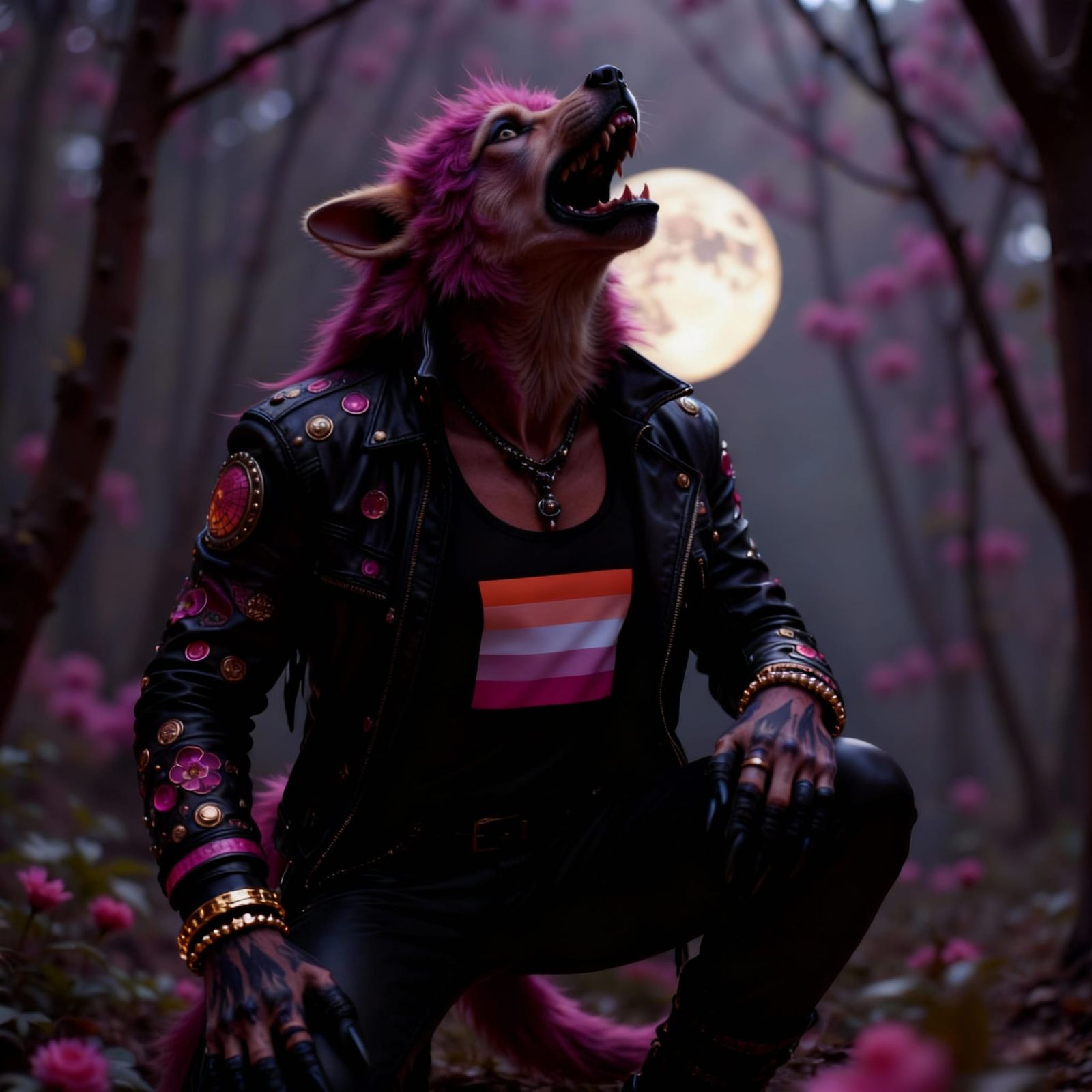 Japanese Werewolf Howling at Moon in Leather Jacket