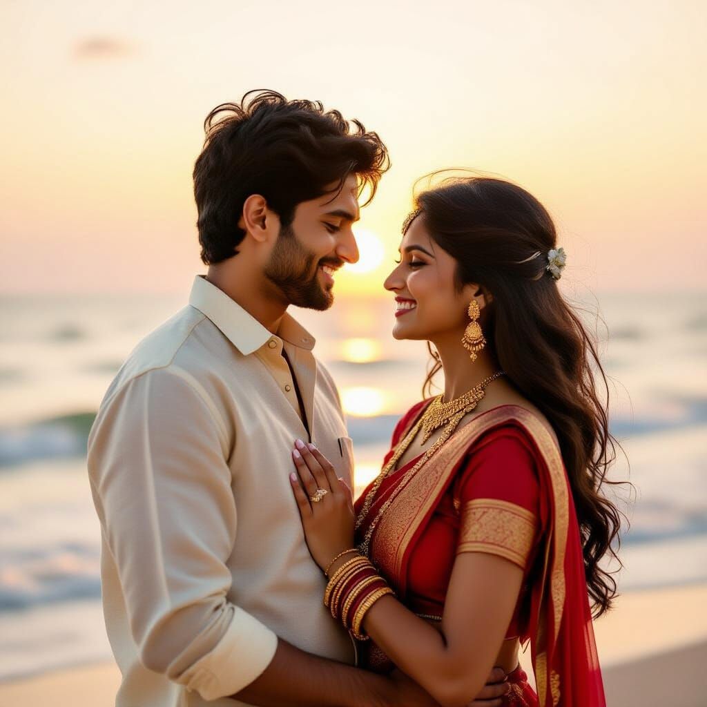 Romantic South Indian Beach Sunset Scene With Couple