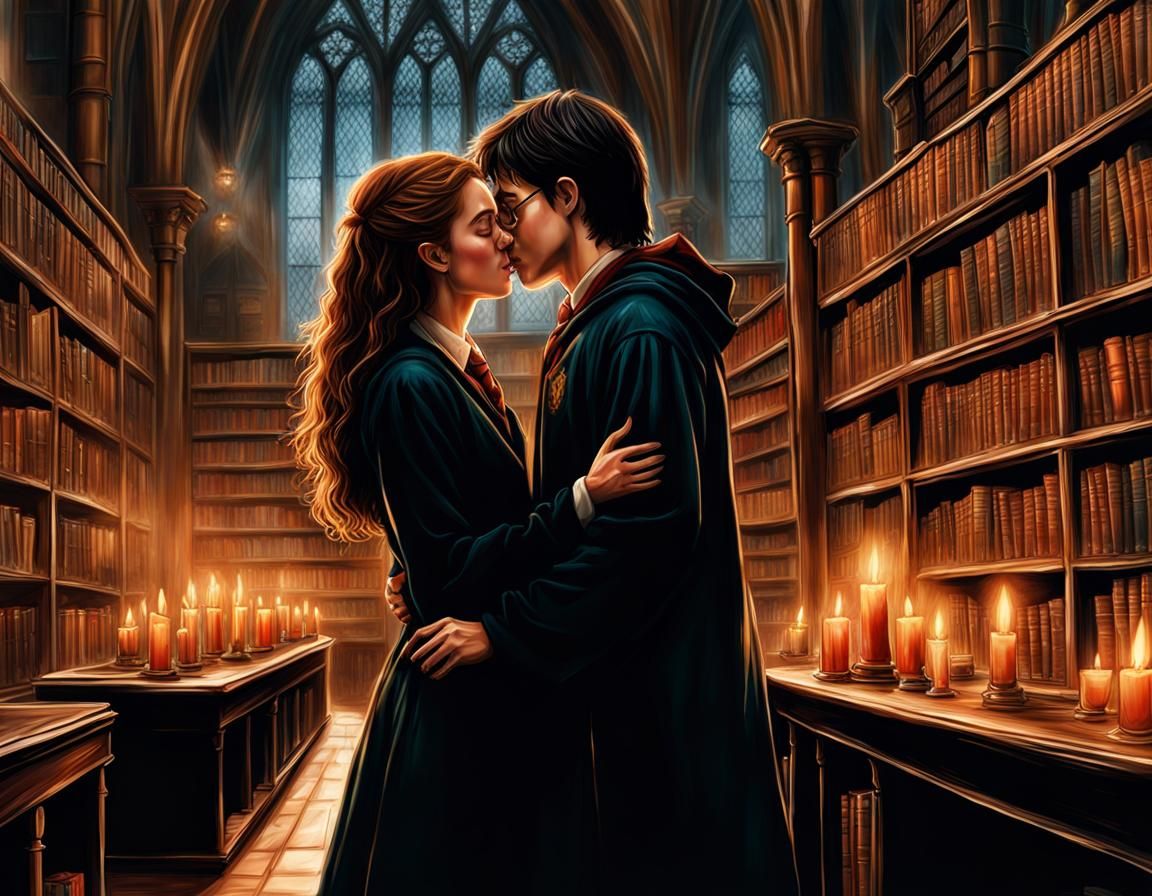 Harry and Hermione's Passionate Kiss in Hogwarts Library