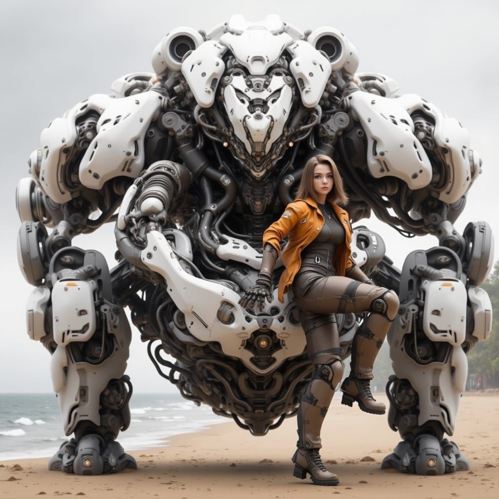 Woman Pilot in White Mecha on Lakeshore