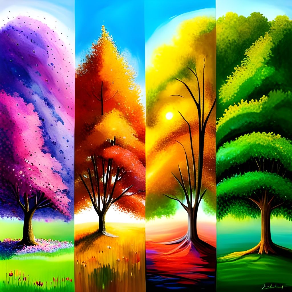 Four Seasons Tree in Hyperrealistic Landscape