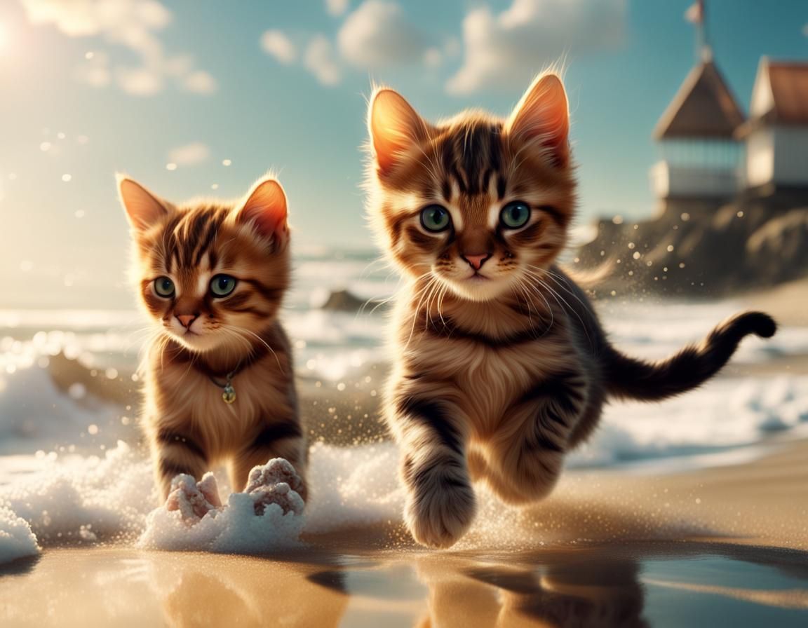 Cute Kittens Playing on Beach: Digital Matte Painting