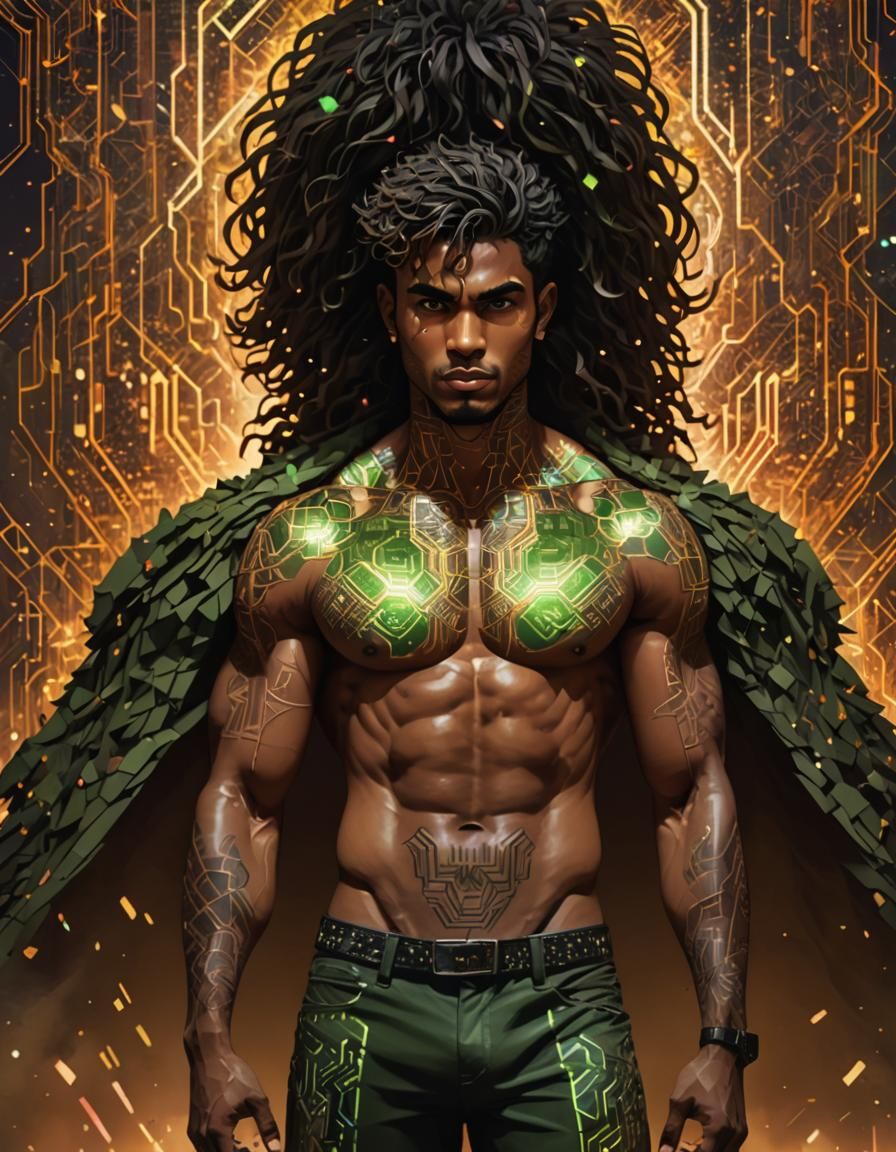 Awe-struck Man in Pixelated Neofuturistic Landscape