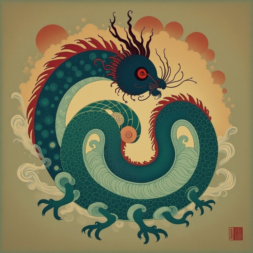 Majestic Jade Japanese Dragon in Ukiyo-e Style