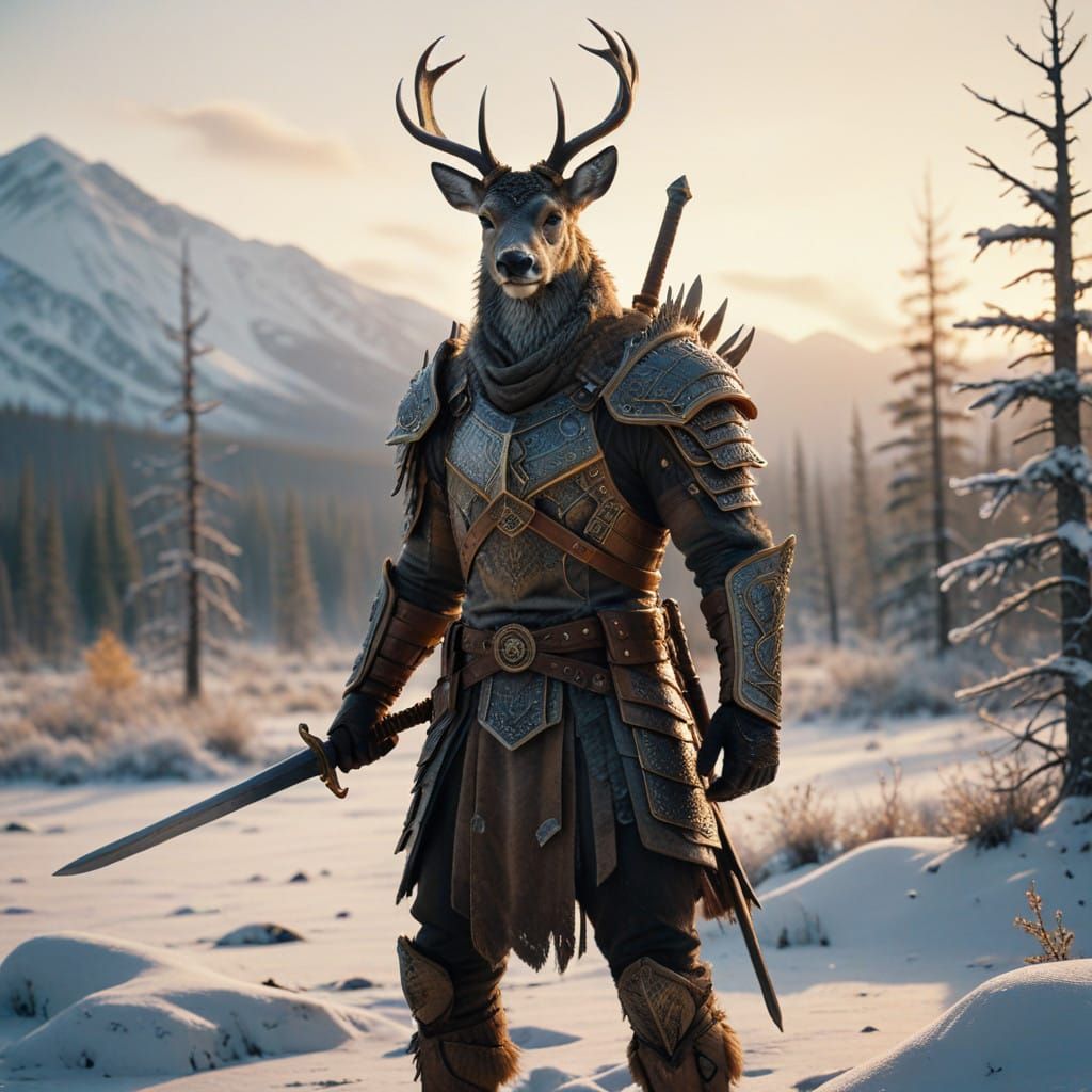 Majestic Deer in Cinematic Armor at Sunrise in the Taiga Tun...