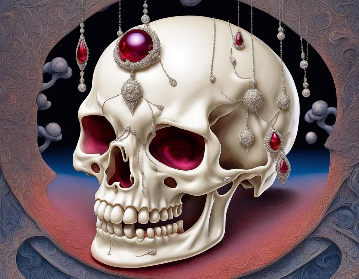 Pearl Skull with Ruby Eyes in Surrealist Style