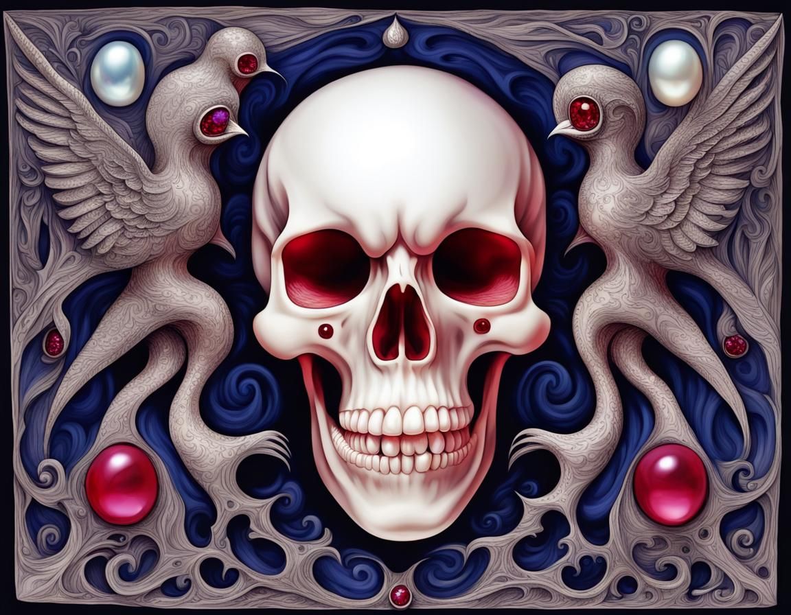 Pearl Skull with Ruby Eyes in Surrealist Style
