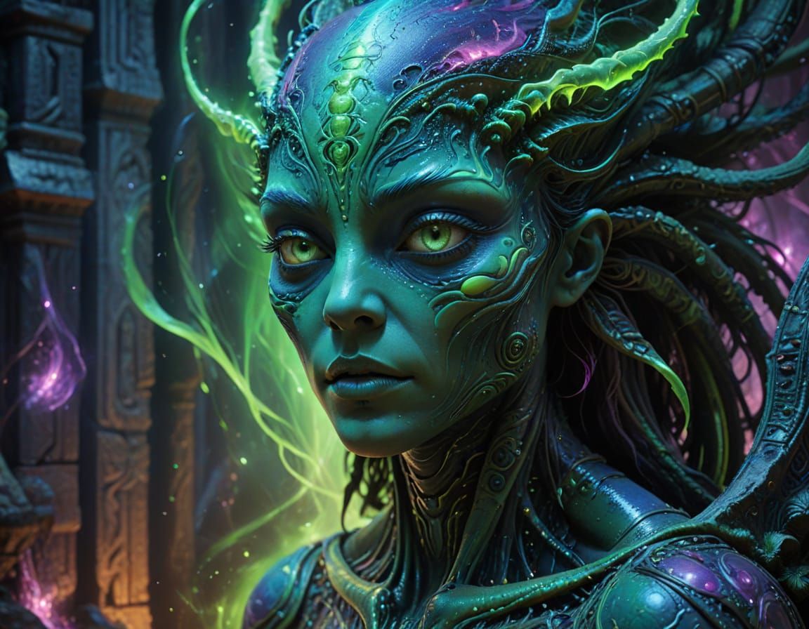 Surreal Oil Painting of an Alien in a Mystical Temple