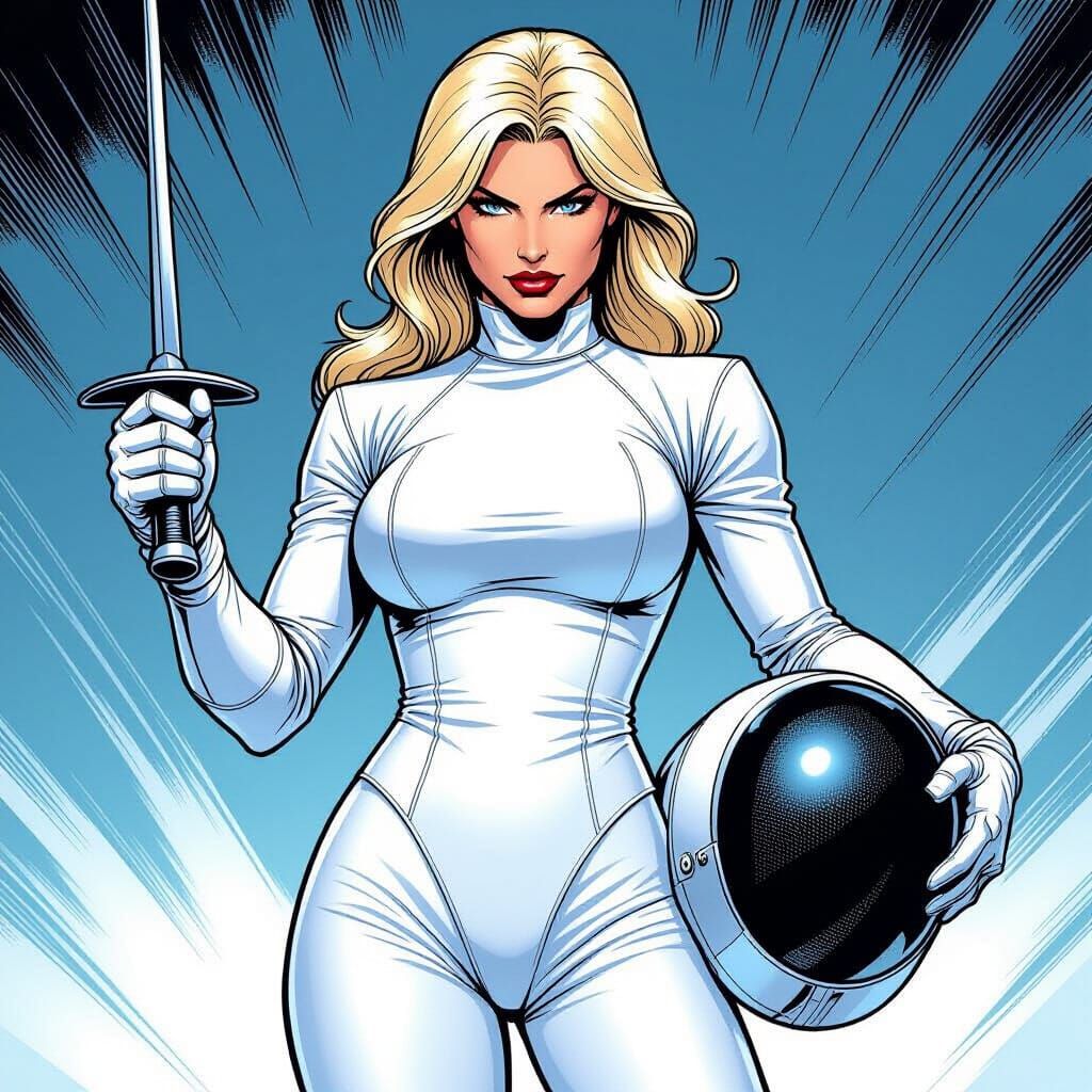 Emma Frost in Dynamic Comic Pin-Up Fencing Pose