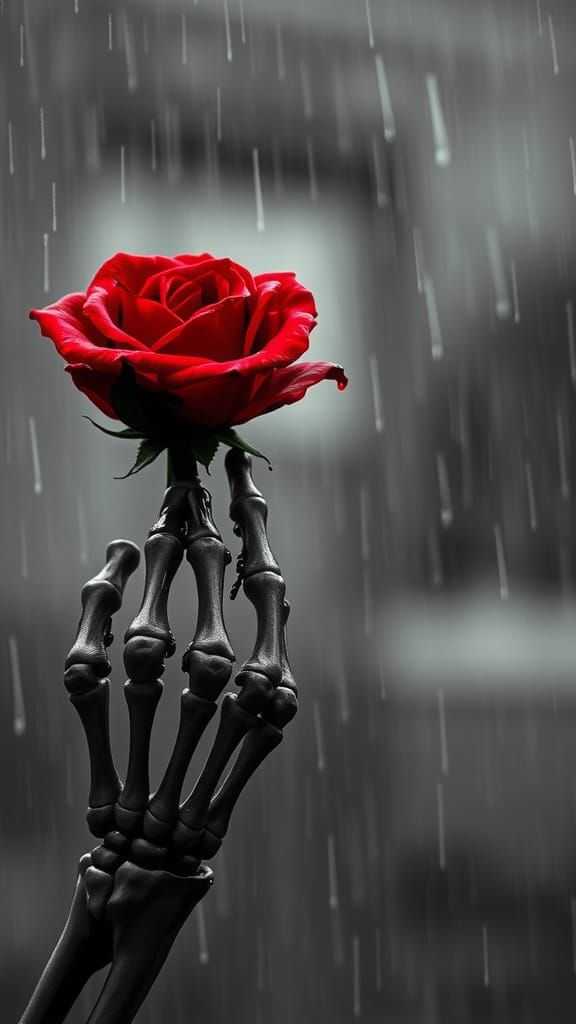 Skeletal Hand Holding Rose in Rainy Grayscale
