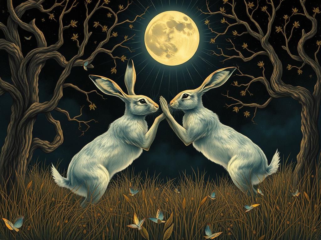 Mystical Hares Sparring Under Klimt-Inspired Moon
