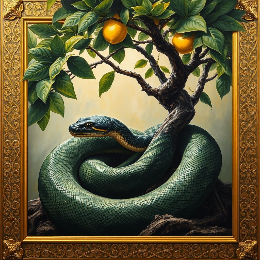 Snake Entwined in Lush Lemon Tree Landscape