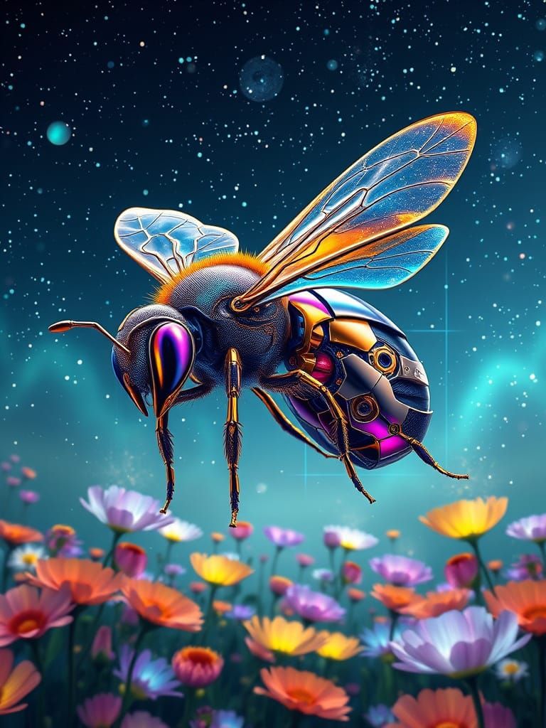 Majestic Liquid Metal Bee in Cyberpunk Aesthetic