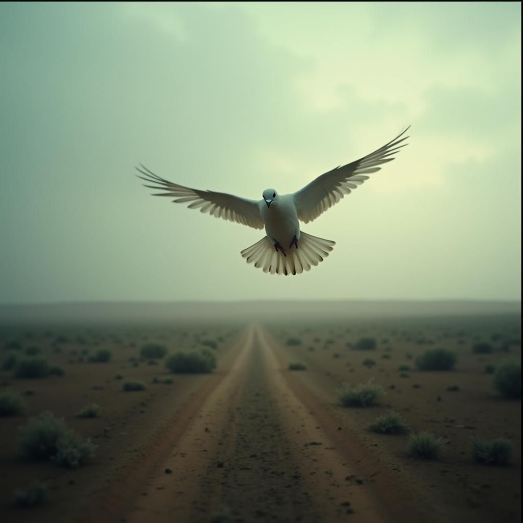 Dove Plummeting in Desolate Landscape: Cinematic Still