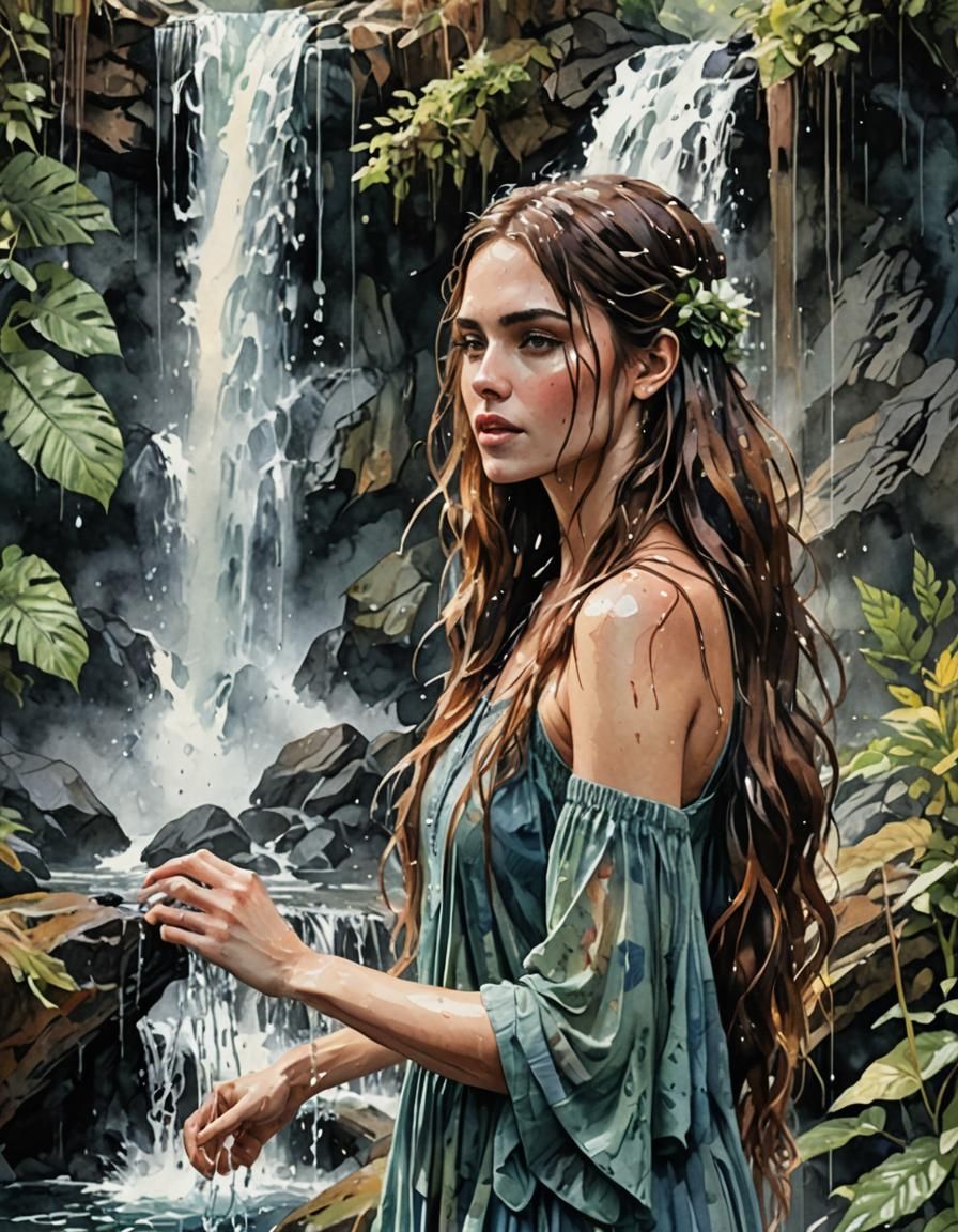 Watercolor Woman Showering Under Waterfall in Fantasy Art
